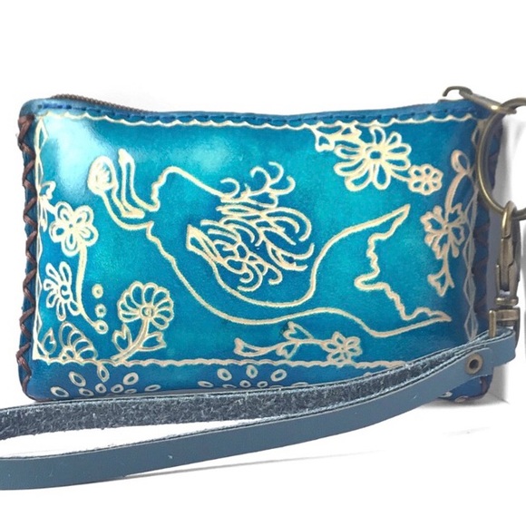 Genuine leather handmade handcrafted mermaid cute coin wristlet bag - Picture 3 of 4